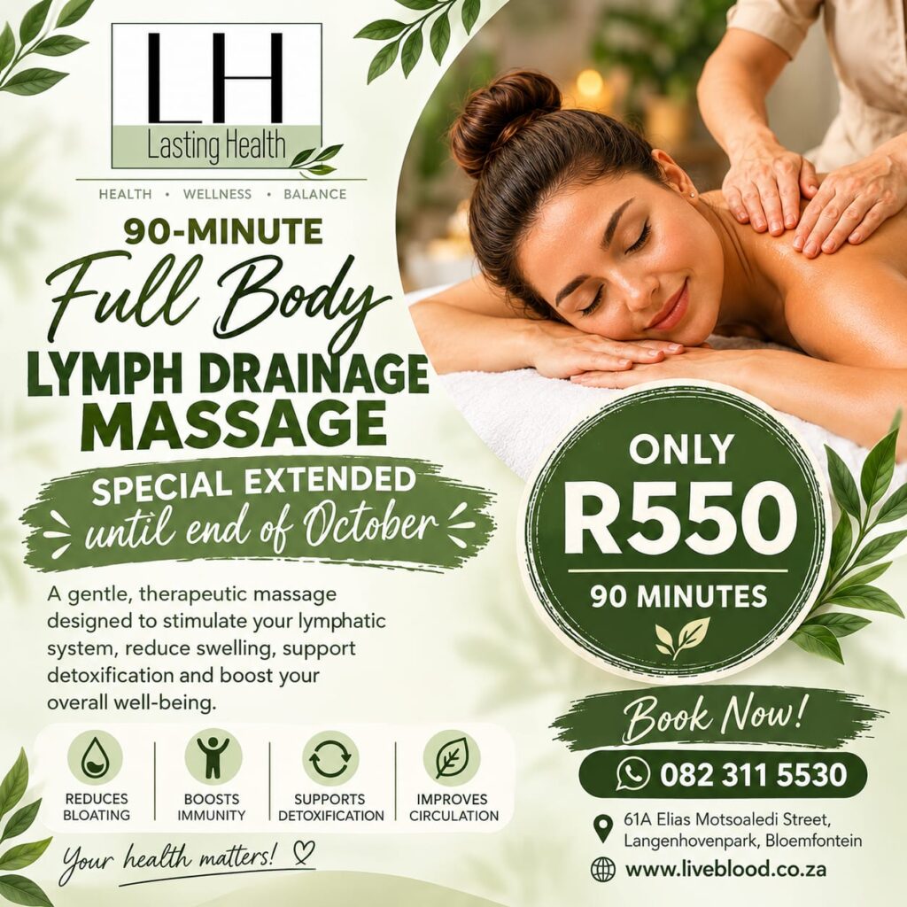 October special – 90-minute full body lymph drainage massage R550 at Lasting Health, Langenhovenpark, Bloemfontein